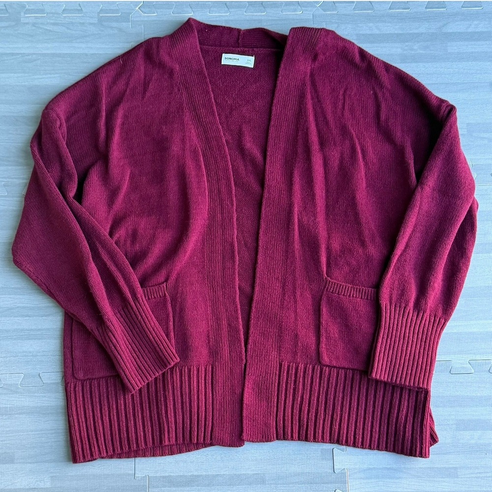 Sonoma XXL Womens Cardigan Burgundy Open Front Ribbed Knit Pockets